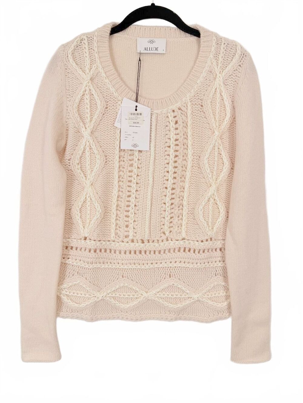Allude Crew Neck Cable Knit Pointelle Wool Cashmere Sweater Cream Small NWT